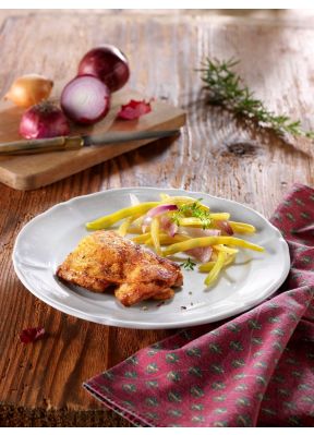 grillierter-pouletschenkel-filet-bohnen-zwiebeln